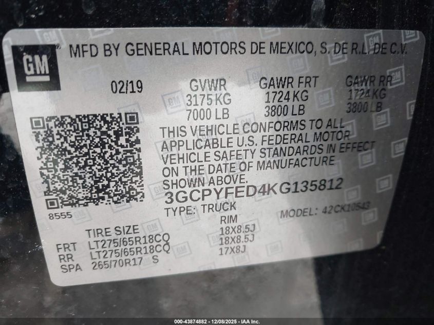 2019 Chevrolet Silverado 1500 Lt Trail Boss VIN: 3GCPYFED4KG135812 Lot: 43874882