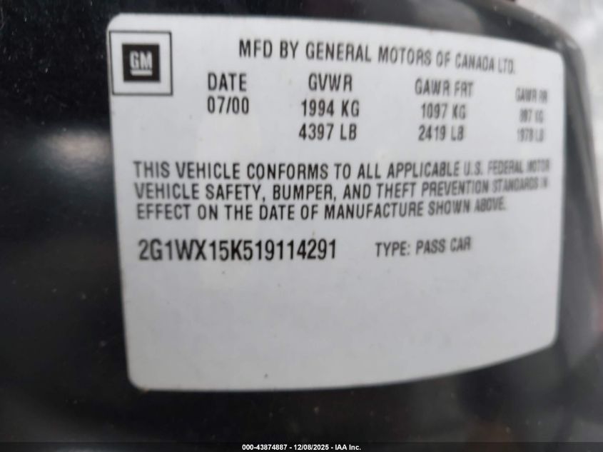 2001 Chevrolet Monte Carlo Ss VIN: 2G1WX15K519114291 Lot: 43874887