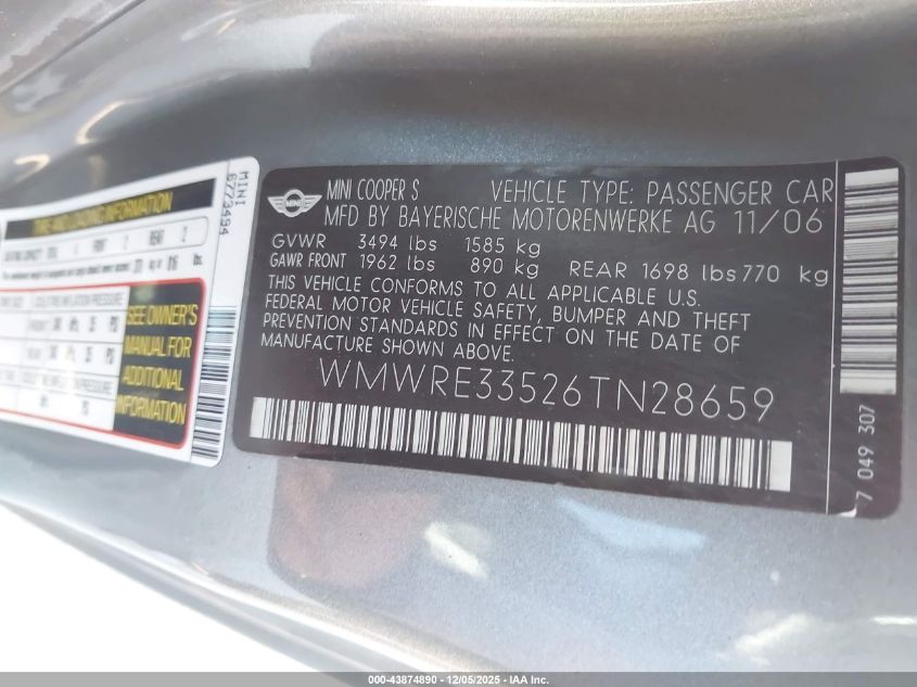 2006 Mini Cooper S VIN: WMWRE33526TN28659 Lot: 43874890