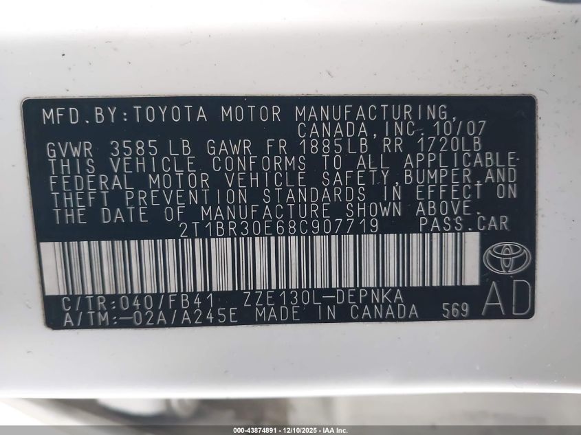 2008 Toyota Corolla Le VIN: 2T1BR30E68C907719 Lot: 43874891