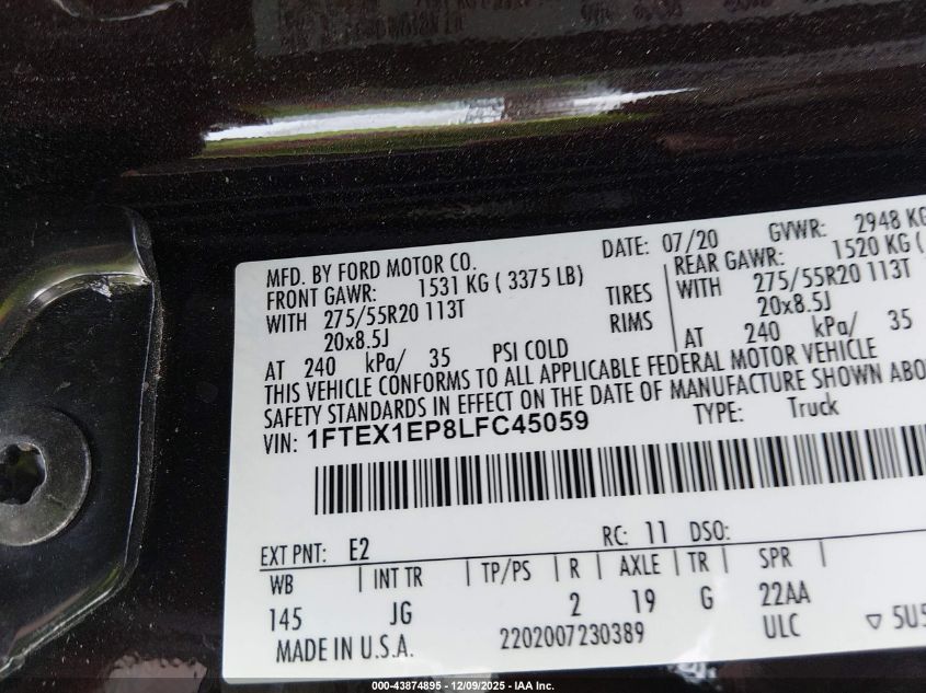 2020 Ford F-150 Xl VIN: 1FTEX1EP8LFC45059 Lot: 43874895