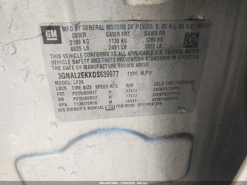 2013 Chevrolet Captiva Sport 2Ls VIN: 3GNAL2EKXDS639977 Lot: 43874906