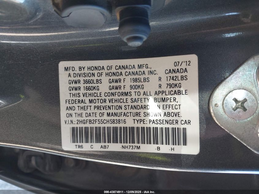 2012 Honda Civic Lx VIN: 2HGFB2F55CH583816 Lot: 43874911