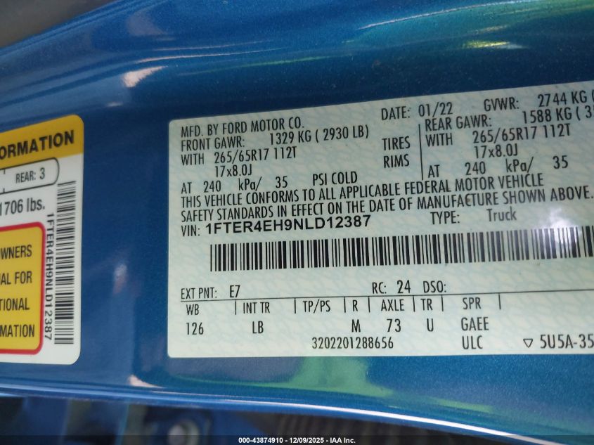 2022 Ford Ranger Xlt VIN: 1FTER4EH9NLD12387 Lot: 43874910