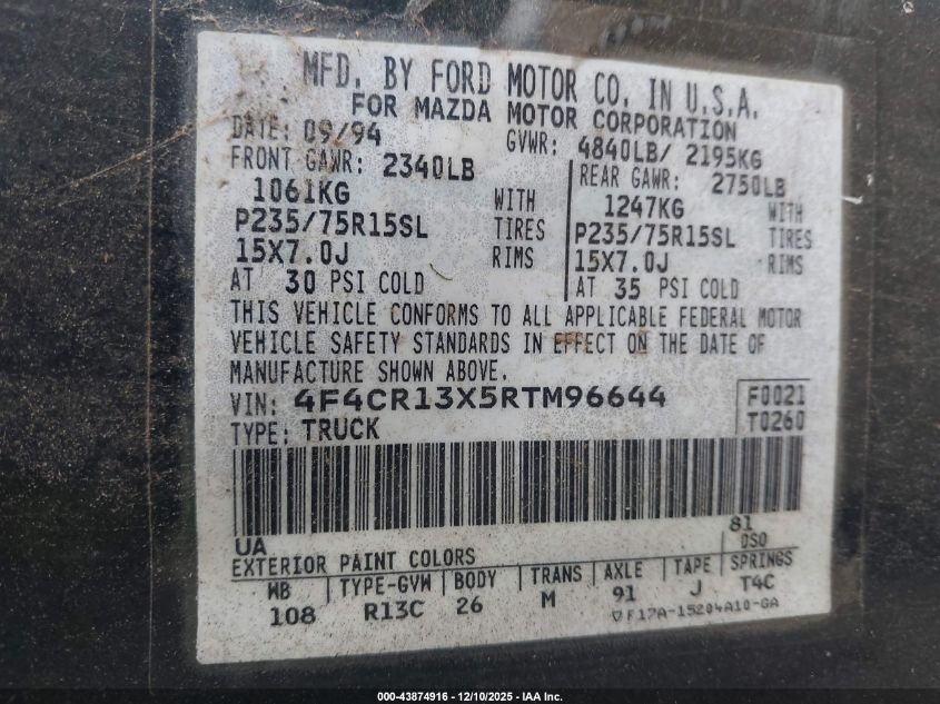 1994 Mazda B4000 VIN: 4F4CR13X5RTM96644 Lot: 43874916