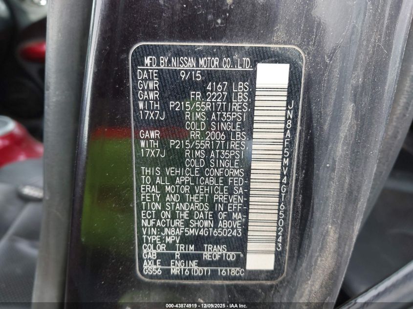 2016 Nissan Juke Sl VIN: JN8AF5MV4GT650243 Lot: 43874919