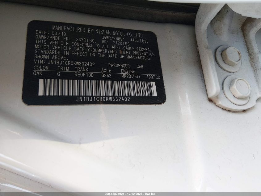 2019 Nissan Rogue Sport S VIN: JN1BJ1CR0KW332402 Lot: 43874921