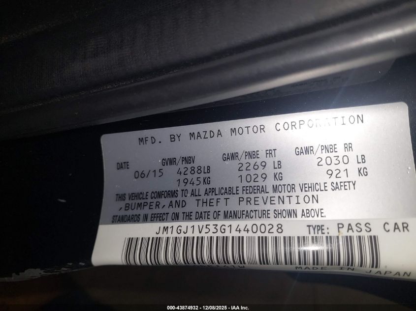 2016 Mazda Mazda6 I Touring VIN: JM1GJ1V53G1440028 Lot: 43874932