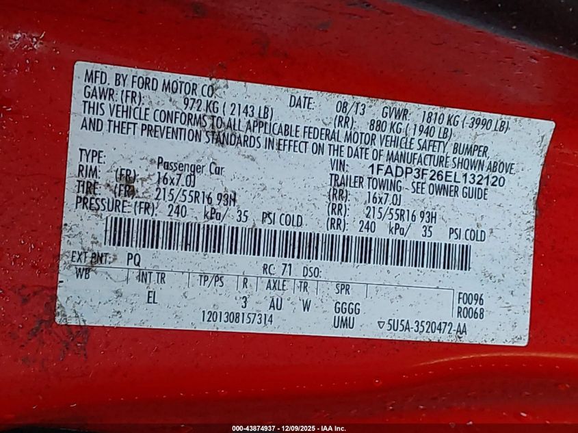 2014 Ford Focus Se VIN: 1FADP3F26EL132120 Lot: 43874937