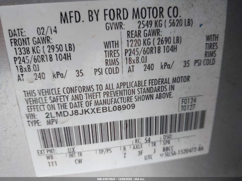 2014 Lincoln Mkx VIN: 2LMDJ8JKXEBL08909 Lot: 43874943