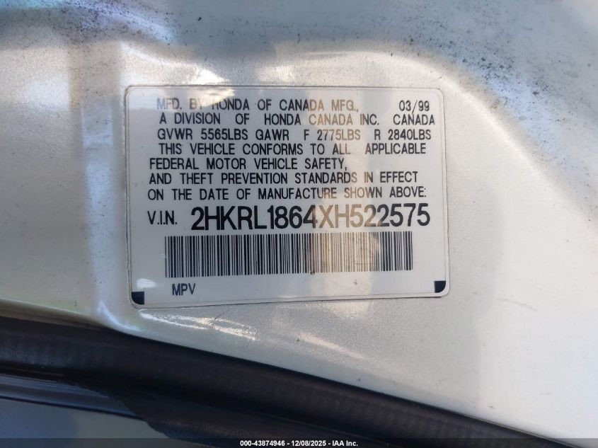 1999 Honda Odyssey Ex VIN: 2HKRL1864XH522575 Lot: 43874946