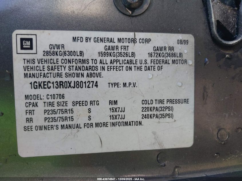 1999 GMC Yukon Sle VIN: 1GKEC13R0XJ801274 Lot: 43874947