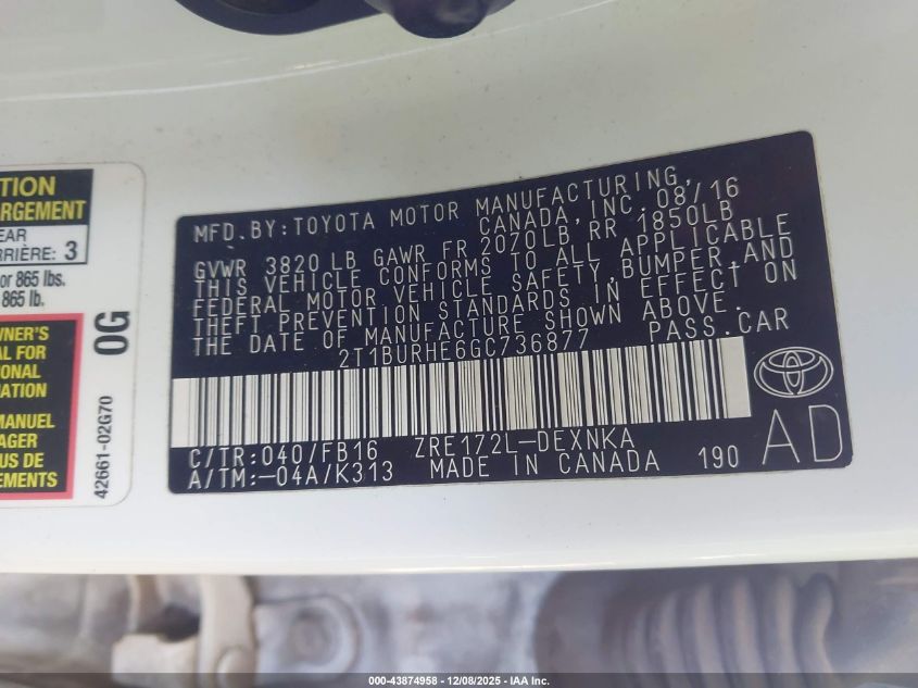 2016 Toyota Corolla Le Plus VIN: 2T1BURHE6GC736877 Lot: 43874958