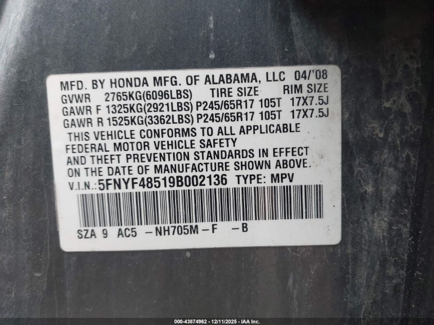 2009 Honda Pilot Ex-L VIN: 5FNYF48519B002136 Lot: 43874962
