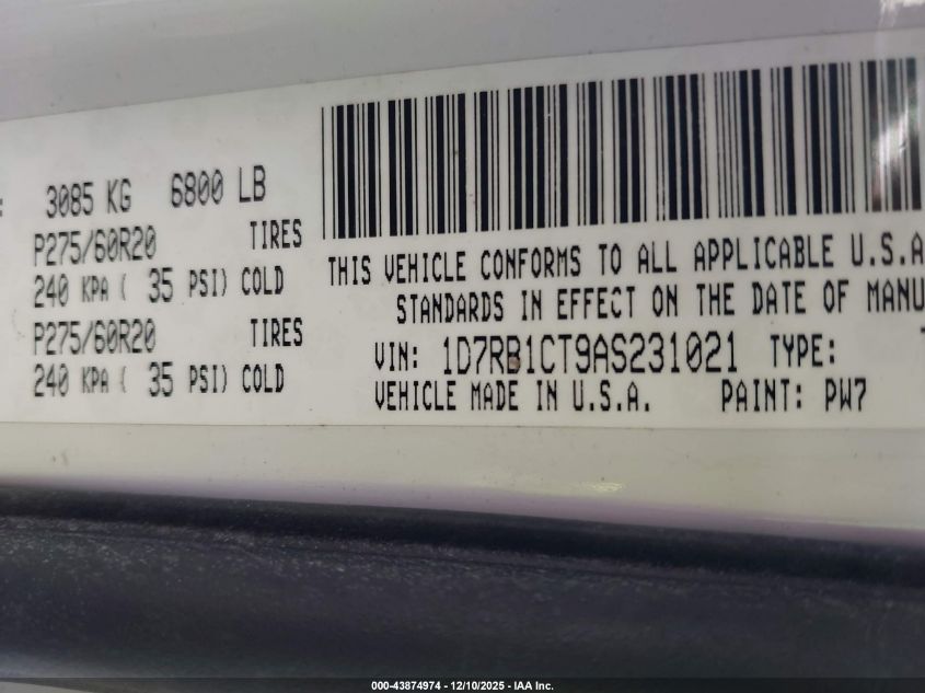 2010 Dodge Ram 1500 Slt/Sport/Trx VIN: 1D7RB1CT9AS231021 Lot: 43874974