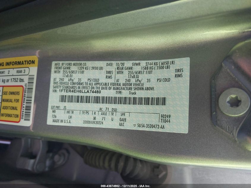 2020 Ford Ranger Xlt VIN: 1FTER4EH6LLA74480 Lot: 43874982