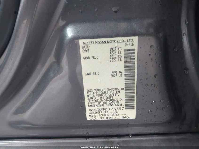 2016 Nissan Altima 2.5 Sr VIN: 1N4AL3AP9GC176357 Lot: 43874986