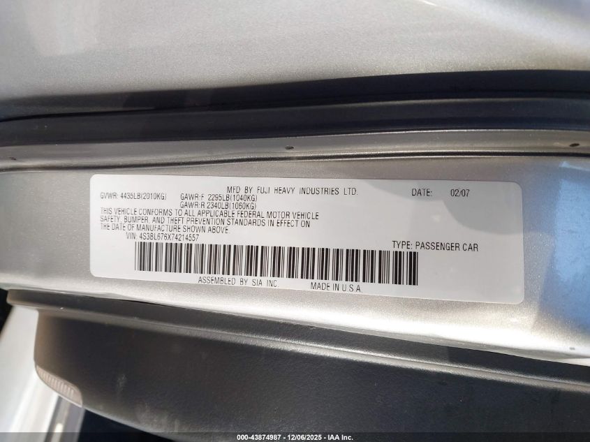 2007 Subaru Legacy 2.5Gt Limited VIN: 4S3BL676X74214557 Lot: 43874987