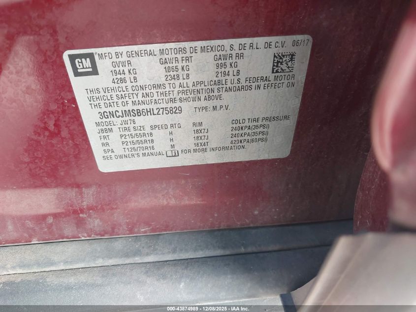2017 Chevrolet Trax Premier VIN: 3GNCJMSB6HL275829 Lot: 43874989