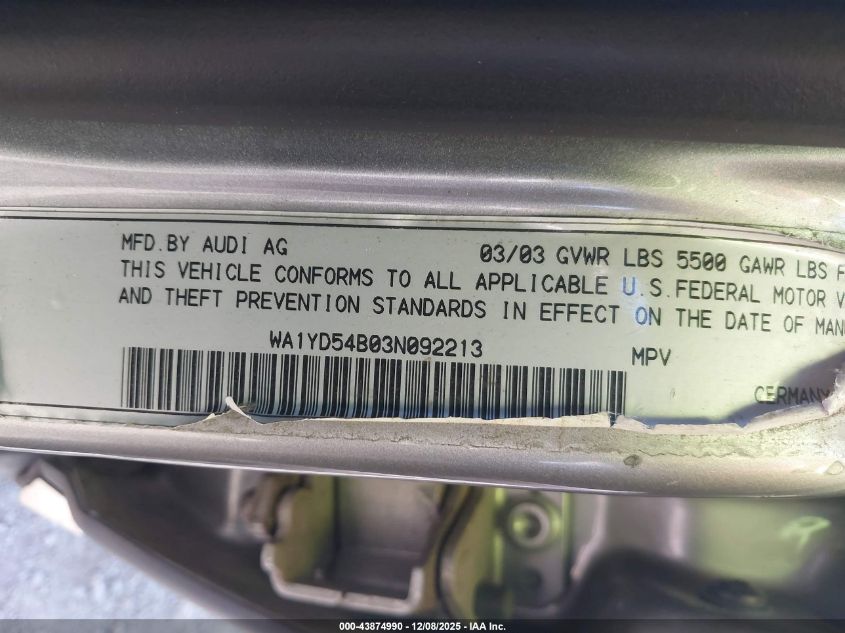 2003 Audi Allroad 2.7T VIN: WA1YD54B03N092213 Lot: 43874990