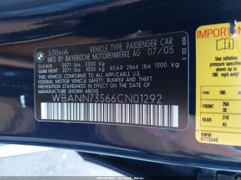 2006 BMW 530Xit VIN: WBANN73566CN01292 Lot: 43874993
