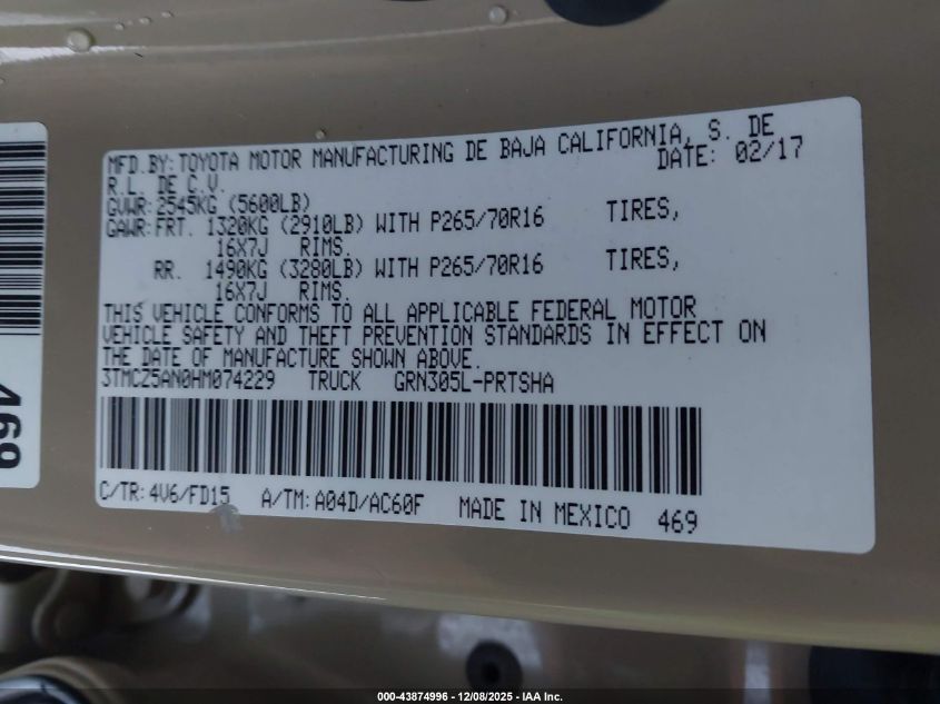 2017 Toyota Tacoma Trd Off Road VIN: 3TMCZ5AN0HM074229 Lot: 43874996