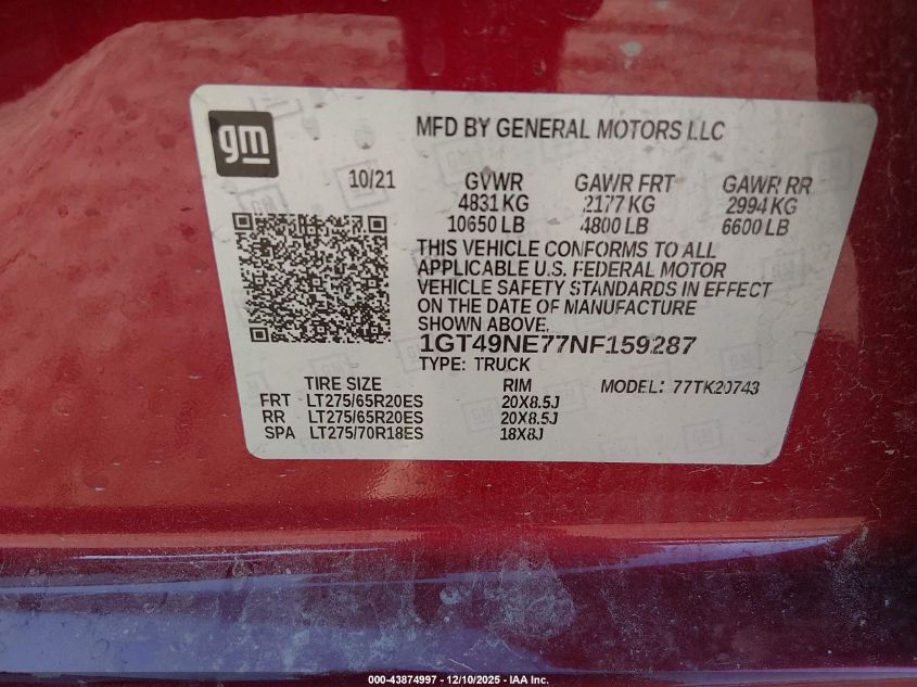 2022 GMC Sierra 2500Hd 4Wd Standard Bed Slt VIN: 1GT49NE77NF159287 Lot: 43874997