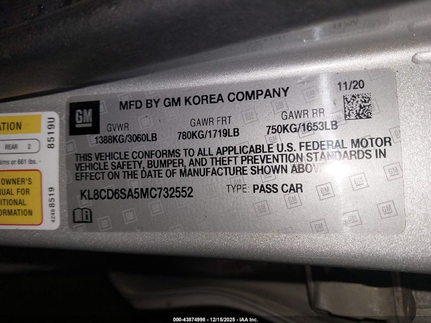 2021 Chevrolet Spark Fwd 1Lt Automatic VIN: KL8CD6SA5MC732552 Lot: 43874998