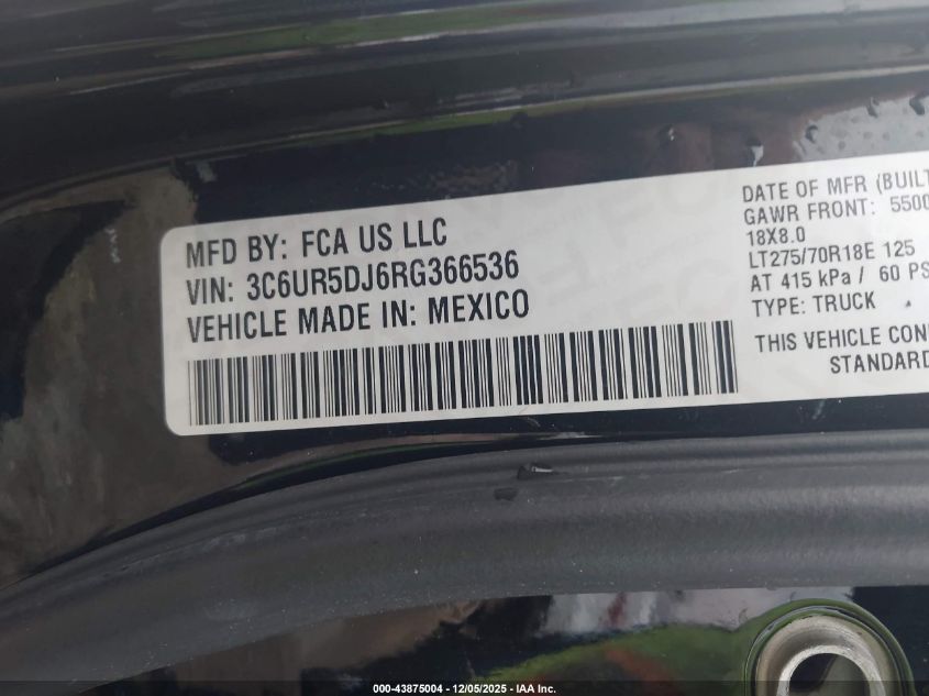 2024 Ram 2500 Big Horn 4X4 6'4 Box VIN: 3C6UR5DJ6RG366536 Lot: 43875004