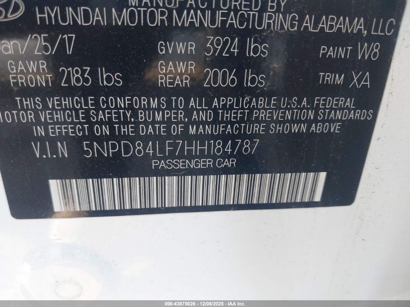 2017 Hyundai Elantra Value Edition VIN: 5NPD84LF7HH184787 Lot: 43875026