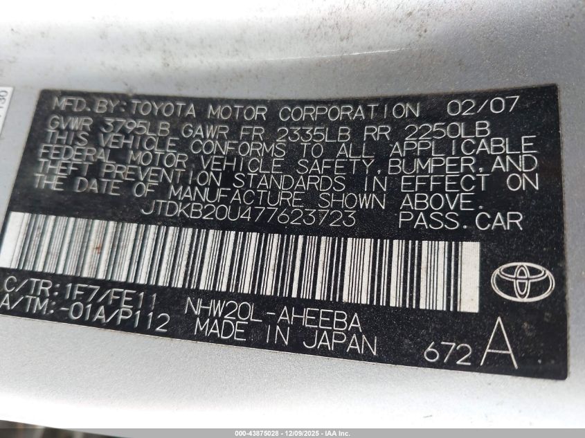 2007 Toyota Prius VIN: JTDKB20U477623723 Lot: 43875028