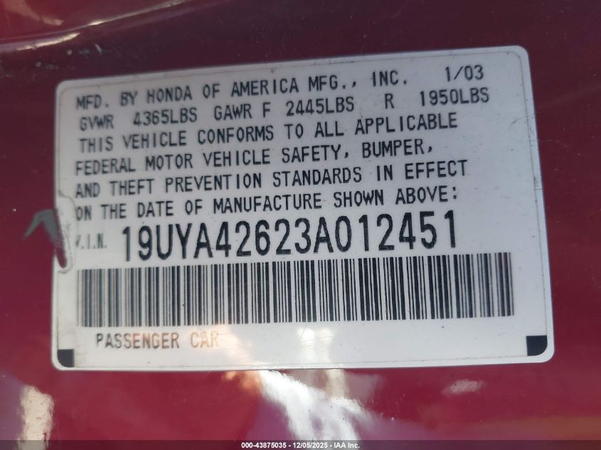 2003 Acura Cl 3.2 Type S Automatic VIN: 19UYA42623A012451 Lot: 43875035