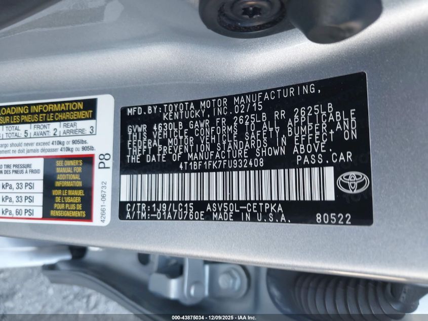 2015 Toyota Camry Xse VIN: 4T1BF1FK7FU932408 Lot: 43875034