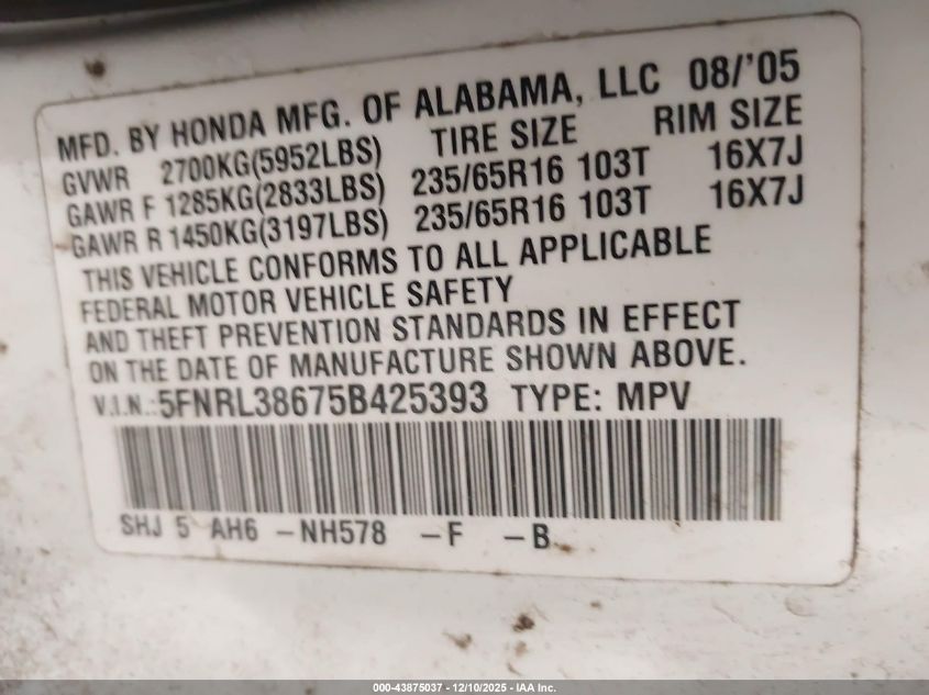 2005 Honda Odyssey Ex-L VIN: 5FNRL38675B425393 Lot: 43875037