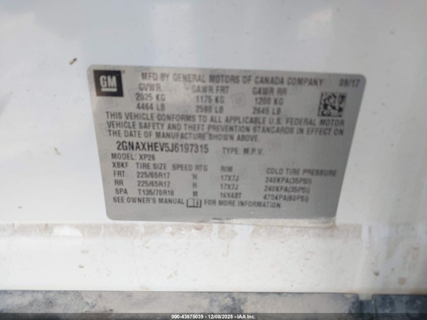 2018 Chevrolet Equinox Ls VIN: 2GNAXHEV5J6197315 Lot: 43875039