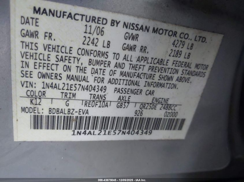 2007 Nissan Altima 2.5 S VIN: 1N4AL21E57N404349 Lot: 43875045