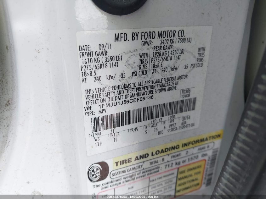 2012 Ford Expedition Xlt VIN: 1FMJU1J56CEF06136 Lot: 43875053