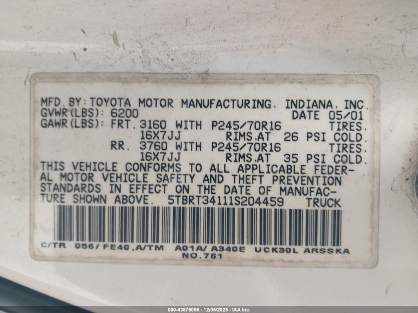 2001 Toyota Tundra Sr5 V8 VIN: 5TBRT34111S204459 Lot: 43875056