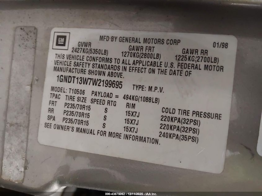 1998 Chevrolet Blazer Ls VIN: 1GNDT13W7W2199695 Lot: 43875062