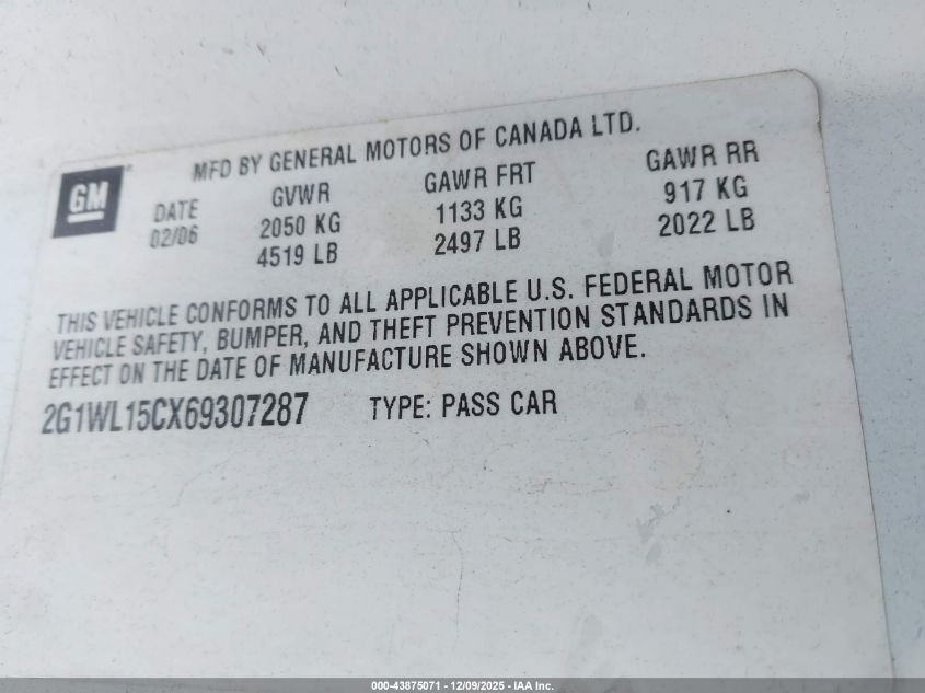 2006 Chevrolet Monte Carlo Ss VIN: 2G1WL15CX69307287 Lot: 43875071