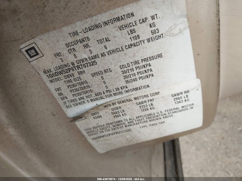 1996 Cadillac Fleetwood Brougham VIN: 1G6DW52P8TR707325 Lot: 43875074