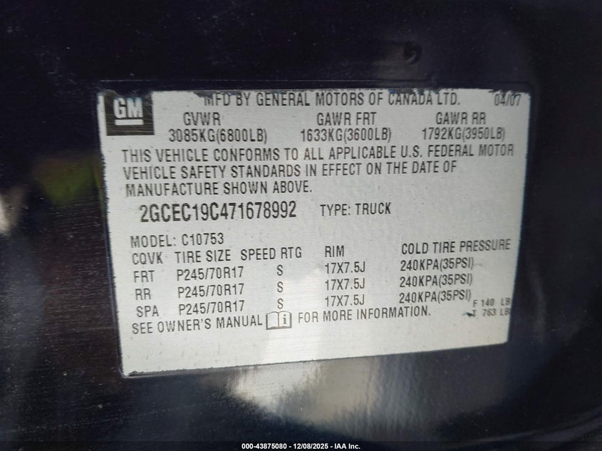 2GCEC19C471678992 2007 CHEVROLET SILVERADO photo no. 9
