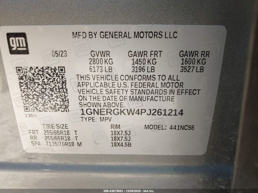 2023 Chevrolet Traverse Fwd Lt Cloth VIN: 1GNERGKW4PJ261214 Lot: 43875083