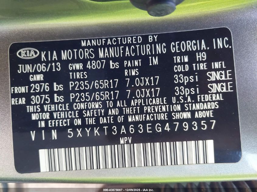 2014 Kia Sorento Lx VIN: 5XYKT3A63EG479357 Lot: 43875087