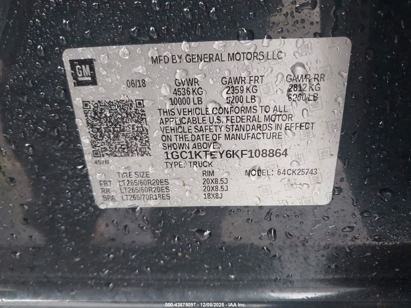 2019 Chevrolet Silverado 2500Hd Ltz VIN: 1GC1KTEY6KF108864 Lot: 43875097
