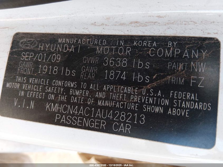 2010 Hyundai Accent Gls VIN: KMHCN4AC1AU428213 Lot: 43875100
