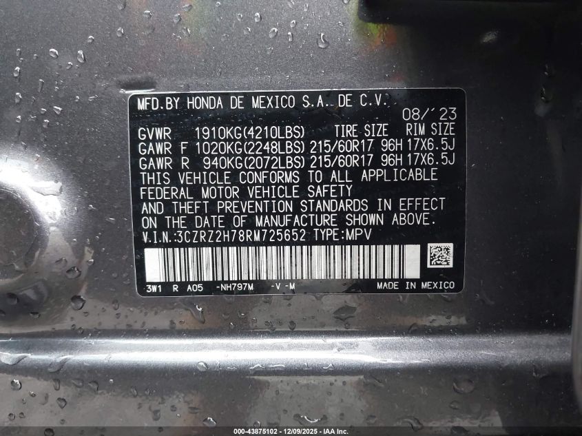 2024 Honda Hr-V Awd Ex-L/Awd Ex-L W/O Bsi VIN: 3CZRZ2H78RM725652 Lot: 43875102