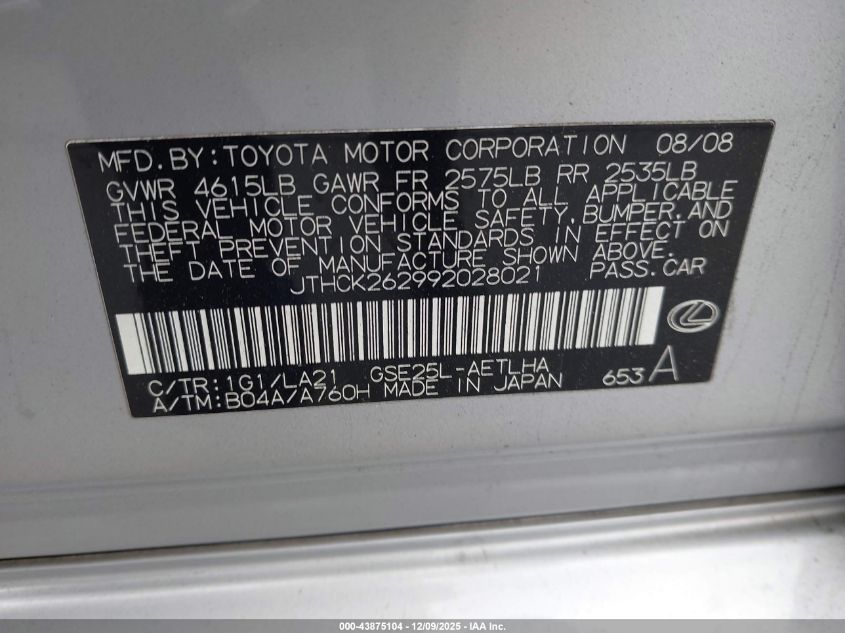 2009 Lexus Is 250 VIN: JTHCK262992028021 Lot: 43875104