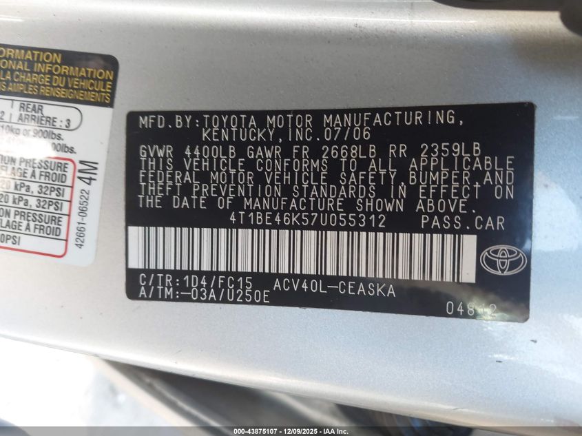 2007 Toyota Camry Se VIN: 4T1BE46K57U055312 Lot: 43875107