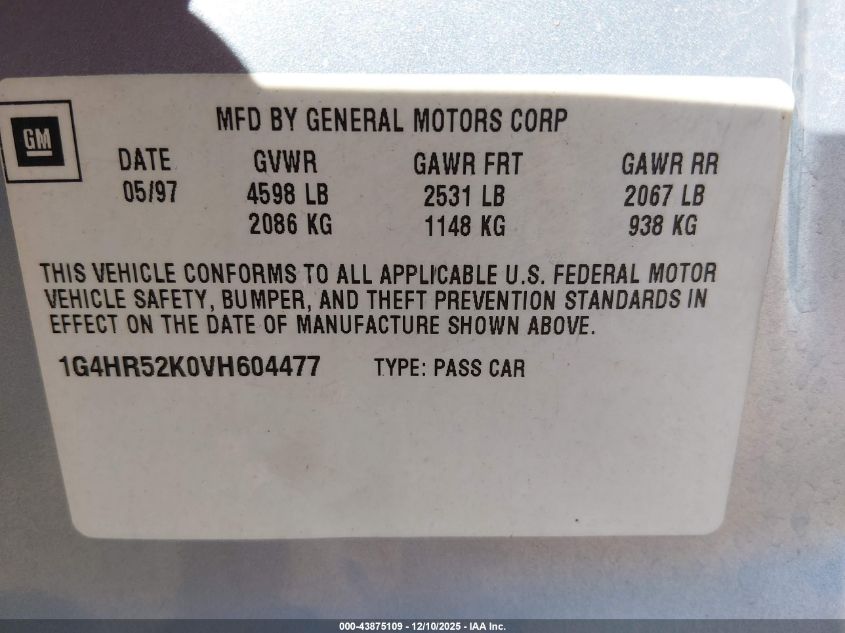 1997 Buick Lesabre Limited Cmi VIN: 1G4HR52K0VH604477 Lot: 43875109